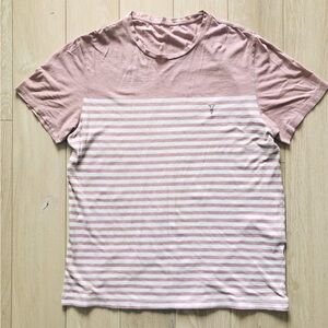 All Saints Logo Embroidered Striped T Shirt in Soft Pink